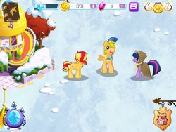 Size: 900x675 | Tagged: safe, gameloft, clover the clever, flash sentry, sunset shimmer, twilight sparkle, pegasus, pony, unicorn, g4, female, flash sentry gets all the mares, male, mobile game, ship:flashimmer, shipping, straight