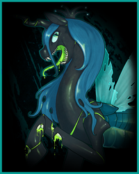 Size: 720x900 | Tagged: safe, artist:dragon-frog, queen chrysalis, changeling, changeling queen, g4, crown, fangs, female, jewelry, raised leg, regalia, tongue out