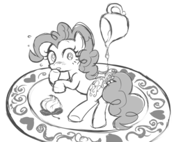 Size: 1234x1013 | Tagged: safe, artist:momo, pinkie pie, g4, cream, cute, diapinkes, female, food, monochrome, pixiv, plate, pouring, sauce, solo