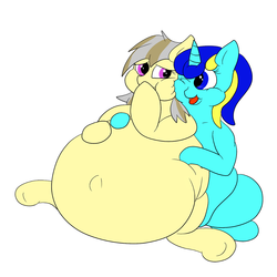 Size: 1280x1280 | Tagged: safe, artist:watertimdragon, oc, oc only, oc:cheese cake, oc:jester bells, belly, belly button, chubby, fat, feeding, morbidly obese, obese