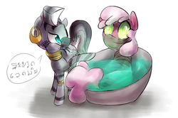 Size: 822x545 | Tagged: safe, artist:dotkwa, cheerilee, zecora, zebra, g4, chanting, grin, hypnosis, smiling, speech bubble, swaddling, tied up, water