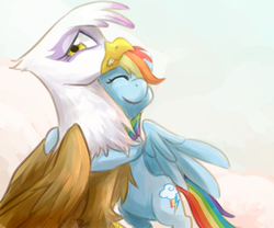 Size: 600x500 | Tagged: safe, artist:norang94, gilda, rainbow dash, griffon, g4, female, hug, lesbian, ship:gildash, shipping