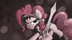 Size: 1920x1080 | Tagged: safe, artist:bronyyay123, artist:itchykitchy, pinkie pie, g4, female, reflection, solo, sword, vector, wallpaper