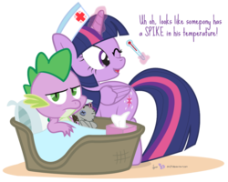 Size: 825x660 | Tagged: safe, artist:dm29, smarty pants, spike, twilight sparkle, alicorn, dragon, pony, g4, duo, female, mare, nurse, pun, sick, simple background, spike is not amused, thermometer, tissue, tissue box, transparent background, twilight sparkle (alicorn), unamused