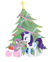 Size: 1754x2000 | Tagged: safe, artist:margony, rarity, spike, dragon, pony, unicorn, g4, christmas tree, female, male, present, ship:sparity, shipping, simple background, snow, straight, transparent background, tree