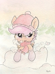 Size: 672x908 | Tagged: safe, artist:slightlyshade, scootaloo, g4, clothes, female, hat, scarf, snow, snow fort, solo, traditional art