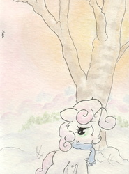 Size: 681x918 | Tagged: safe, artist:slightlyshade, sweetie belle, g4, clothes, female, scarf, snow, solo, traditional art, tree