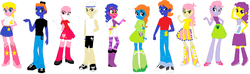 Size: 1600x472 | Tagged: safe, artist:suzukipot, ace, bon bon (g1), bright eyes, clover (g1), lancer, melody, patch (g1), starlight (g1), sweetheart, teddy, human, equestria girls, g1, g4, my little pony tales, 7 pony friends, boots, cowboy boots, eqg promo pose set, equestria girls-ified, female, g1 to equestria girls, generation leap, humanized, male, shoes, vinyl scratch's boots
