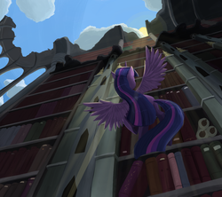Size: 1353x1200 | Tagged: safe, artist:bakuel, twilight sparkle, alicorn, pony, castle mane-ia, g4, book, castle of the royal pony sisters, female, flying, library, mare, perspective, ruins, scene interpretation, scenery, solo, twilight sparkle (alicorn), vertigo