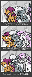 Size: 800x1914 | Tagged: safe, artist:romaniz, diamond tiara, scootaloo, silver spoon, sweetie belle, flight to the finish, g4, :t, animation error, comic