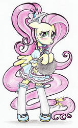 Size: 1856x3025 | Tagged: safe, artist:oriwhitedeer, fluttershy, pegasus, pony, g4, bipedal, blushing, clothes, female, maid, mare, solo, traditional art