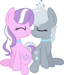 Size: 6000x7030 | Tagged: safe, artist:mactavish1996, artist:mcsadat, diamond tiara, silver spoon, earth pony, pony, g4, absurd resolution, accessory swap, boop, butt to butt, butt touch, cute, diamondbetes, eyes closed, female, filly, jewelry, missing accessory, necklace, nose to nose, noseboop, nuzzling, silverbetes, simple background, sitting, smiling, transparent background, vector