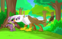 Size: 2560x1600 | Tagged: safe, artist:mysticalpha, gilda, spike, dragon, griffon, g4, bedroom eyes, blushing, bush, commission, cute, female, forest, grass, interspecies, kissing, male, ship:spilda, shipping, spikelove, straight, tree, wallpaper