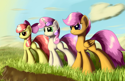 Size: 2550x1650 | Tagged: safe, artist:grennadder, apple bloom, scootaloo, sweetie belle, flight to the finish, g4, big hooves, concave belly, cutie mark crusaders, day, determined, female, filly, foal, long tail, outdoors, smiling, standing, tail, trio