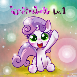 Size: 800x800 | Tagged: dead source, safe, artist:renokim, sweetie belle, pony, unicorn, g4, abstract background, cute, diasweetes, female, filly, looking at you, solo, waving