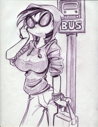 Size: 850x1100 | Tagged: safe, artist:trollie trollenberg, dj pon-3, vinyl scratch, human, g4, breasts, bus stop, busty vinyl scratch, clothes, female, hoodie, humanized, monochrome, solo, traditional art