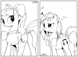 Size: 2186x1618 | Tagged: safe, artist:cs, dj pon-3, octavia melody, vinyl scratch, g4, bow, bowtie, butt, frown, hair bow, heart, high ponytail, looking back, monochrome, neck bow, plot, ponytail, smiling, tail bow, unamused