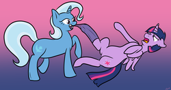 Size: 1299x684 | Tagged: safe, artist:rainbow-dosh, artist:rainbro-doshie, trixie, twilight sparkle, alicorn, pony, unicorn, g4, clothes, female, lesbian, mare, one eye closed, ship:twixie, shipping, socks, twilight sparkle (alicorn), undressing