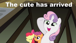 Size: 1024x576 | Tagged: safe, edit, edited screencap, screencap, apple bloom, scootaloo, sweetie belle, earth pony, pegasus, pony, unicorn, g4, apple bloom's bow, bow, caption, cute, cutie mark crusaders, diasweetes, eyes closed, female, filly, foal, hair bow, image macro, open mouth, open smile, raised hoof, smiling