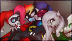 Size: 2449x1408 | Tagged: safe, artist:risterdus, fluttershy, pinkie pie, rainbow dash, rarity, earth pony, pegasus, pony, unicorn, g4, batman, batmare, catmare, catwoman, commission, cosplay, costume, crossover, dc comics, female, grin, harley quinn, lesbian, open mouth, open smile, parody, photo, pinkie quinn, poison ivy, poison ivyshy, ship:raridash, shipping, smiling