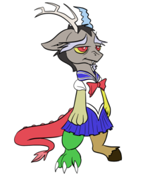 Size: 602x742 | Tagged: safe, artist:desert-sage, discord, draconequus, g4, clothes, femboy discord, male, sailor uniform, schoolgirl, simple background, solo, transparent background, unamused