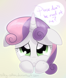 Size: 851x1000 | Tagged: safe, artist:silky-cotton, sweetie belle, g4, cute, diasweetes, female, pouting, sad, solo