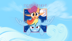 Size: 1920x1080 | Tagged: safe, artist:domineauxdesigns, rainbow dash, scootaloo, g4, crying, flying, wallpaper