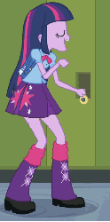 Size: 260x522 | Tagged: safe, screencap, twilight sparkle, equestria girls, g4, my little pony equestria girls, animated, backpack, boots, clothes, cropped, female, high heel boots, hoofy-kicks, humans doing horse things, lockers, open mouth, skirt, smiling, solo, wat