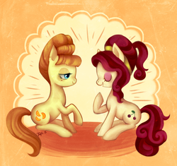 Size: 1808x1701 | Tagged: safe, artist:trefleix, aunt orange, cherry jubilee, earth pony, pony, g4, eyes closed, female, mare, profile, sitting, smiling