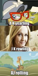 Size: 450x888 | Tagged: safe, a.k. yearling, applejack, daring do, applebuck season, daring don't, g4, comic, funny, glasses, harry potter (series), jk rowling, mix and match, panel, parody, pun