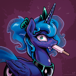 Size: 1600x1600 | Tagged: safe, artist:kp-shadowsquirrel, princess luna, alicorn, pony, g4, alternate hairstyle, blushing, eating, embarrassed, female, looking at you, plewds, ponytail, popsicle, solo, sucking, surprised, sweat, wide eyes
