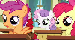 Size: 632x340 | Tagged: safe, screencap, apple bloom, scootaloo, sweetie belle, twist, flight to the finish, g4, cutie mark crusaders