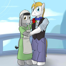 Size: 1280x1280 | Tagged: safe, artist:fuzebox, prince blueblood, oc, oc:connie, donkey, anthro, unguligrade anthro, g4, apron, bowtie, canon x oc, clothes, dress, jenny, male, marriage, vest