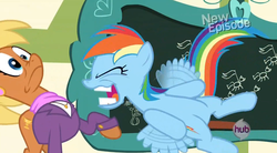 Size: 1279x707 | Tagged: safe, screencap, ms. harshwhinny, rainbow dash, flight to the finish, g4, faic, hub logo