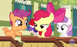 Size: 532x324 | Tagged: safe, screencap, apple bloom, scootaloo, sweetie belle, twist, flight to the finish, g4, cutie mark crusaders, glasses, hub logo