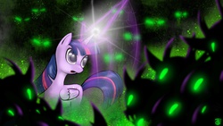 Size: 1920x1080 | Tagged: safe, artist:gromektwist, twilight sparkle, alicorn, changeling, pony, g4, female, glowing eyes, mare, twilight sparkle (alicorn)