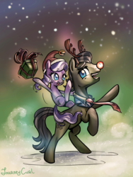 Size: 1536x2048 | Tagged: safe, artist:almaska, diamond tiara, filthy rich, earth pony, pony, g4, christmas, clothes, costume, cute, diamondbetes, equestria's best father, father and daughter, hat, open mouth, ponies riding ponies, present, rearing, red nose, reindeer antlers, riding, rudolph the red nosed reindeer, santa hat, smiling