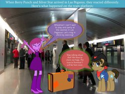 Size: 600x450 | Tagged: safe, artist:j4lambert, artist:jerick, berry punch, berryshine, sheriff silverstar, earth pony, pony, equestria girls, g4, airport, casino, drunk, go home you're drunk, las pegasus, railroad, silver star, subway, train, tram