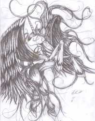 Size: 2496x3171 | Tagged: safe, artist:megaphonnic, princess celestia, g4, female, monochrome, solo, traditional art