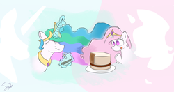 Size: 2409x1269 | Tagged: safe, artist:yapiflutter, princess celestia, g4, cake, cakelestia, cewestia, filly, younger