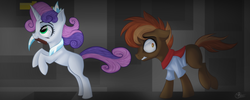 Size: 2500x1000 | Tagged: safe, button mash, sweetie belle, earth pony, unicorn, don't mine at night, g4, colt, female, filly, foal, horn, looking back, male, minecraft, pickaxe, scared