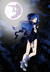 Size: 2374x3444 | Tagged: safe, artist:ari-6, princess luna, human, g4, female, humanized, leotard, light skin, looking back, mare in the moon, moon, night, solo