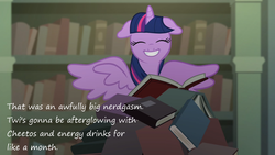 Size: 800x450 | Tagged: safe, edit, edited screencap, screencap, twilight sparkle, alicorn, pony, castle mane-ia, g4, book, bookgasm, cheetos, female, insane pony thread, mare, nerdgasm, solo, twilight sparkle (alicorn), wingboner