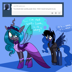 Size: 768x768 | Tagged: safe, artist:jokerpony, princess luna, queen chrysalis, ask teen chrysalis, g4, clothes, dress, goth, hoodie, spread wings, tumblr, wingboner, wings