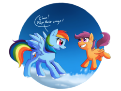 Size: 900x676 | Tagged: safe, artist:sanraia, rainbow dash, scootaloo, g4, cloud, duo, english, flying, flying lesson, looking at someone, looking up, on a cloud, simple background, smiling, speech bubble, spread wings, standing on a cloud, sweat, sweatdrop, transparent background, wings