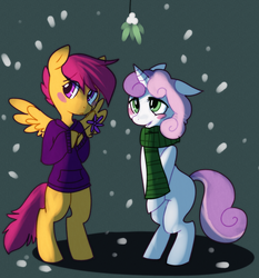 Size: 997x1072 | Tagged: safe, artist:sparkdust, scootaloo, sweetie belle, g4, bipedal, blushing, clothes, cute, female, flower, jacket, lesbian, mistletoe, scarf, ship:scootabelle, shipping, smiling, snow