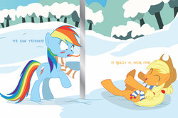 Size: 1024x683 | Tagged: safe, artist:dr-whiskey, applejack, rainbow dash, earth pony, pegasus, pony, g4, ^^, applejerk, blushing, clothes, eyes closed, frozen, laughing, pole, prank, scarf, stuck, tongue out, tongue stuck to pole, wingless, winter