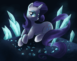 Size: 1193x941 | Tagged: safe, artist:seyllah, rarity, pony, unicorn, g4, crystal, female, long tail, mare, prone, smiling, solo