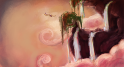 Size: 1800x969 | Tagged: safe, artist:netkarma, scootaloo, g4, female, flying, scenery, solo, waterfall