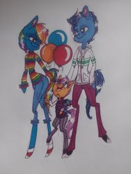 Size: 1024x1365 | Tagged: safe, artist:paris-the-platypus, rainbow dash, scootaloo, soarin', anthro, g4, balloon, female, male, ship:soarindash, shipping, straight, traditional art